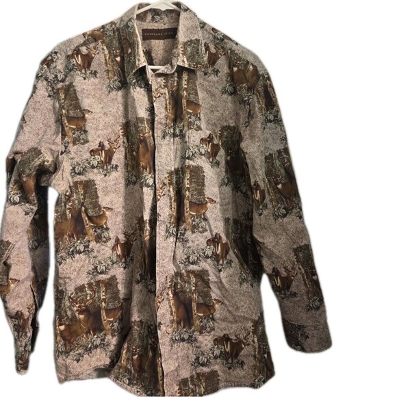 Other - Men's Woodland Trail Button Shirt Deer In Woods Print 100% Cotton Long Sleeve